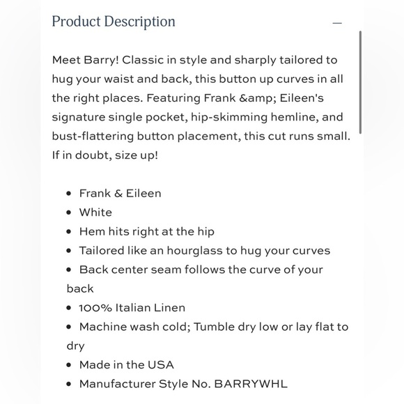 Frank & Eileen Barry Italian Linen Button Down Shirt White , size XS - Picture 9 of 12